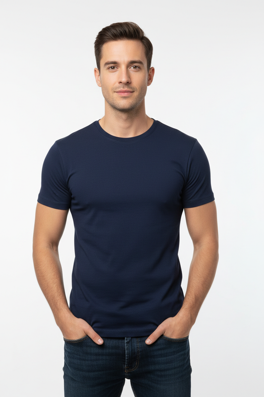 Classic Navy Crew Neck Tee front view on model