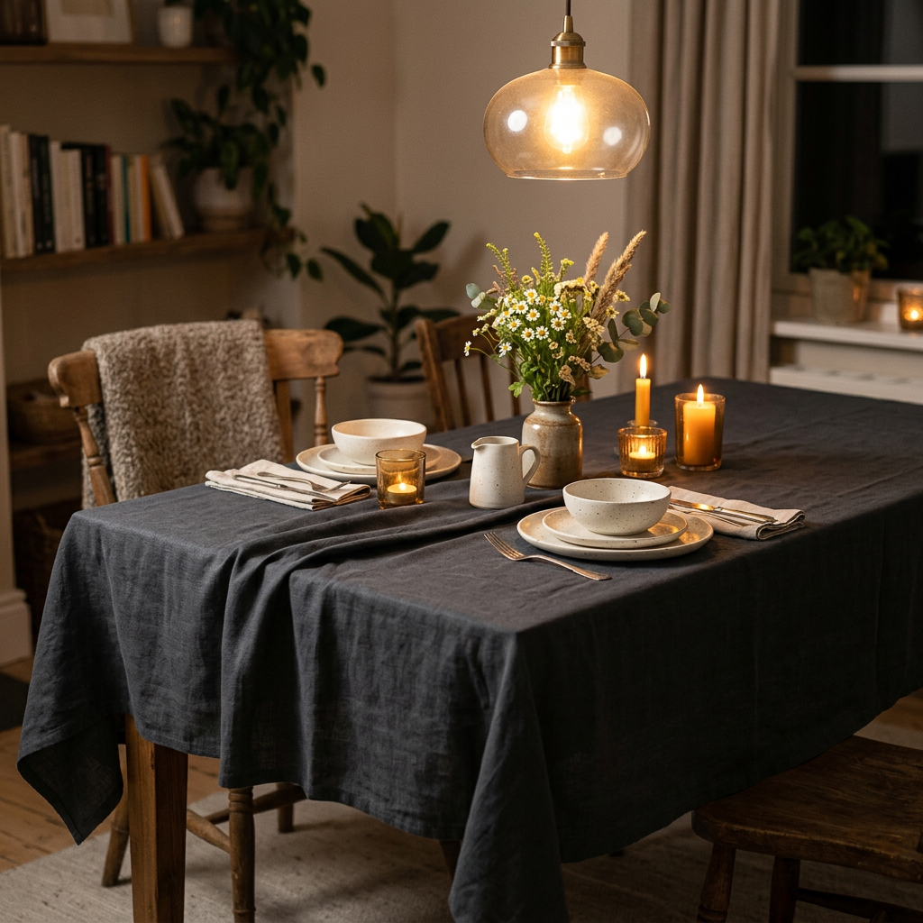 Dark charcoal tablecloth in a cozy warmly lit dinner setting