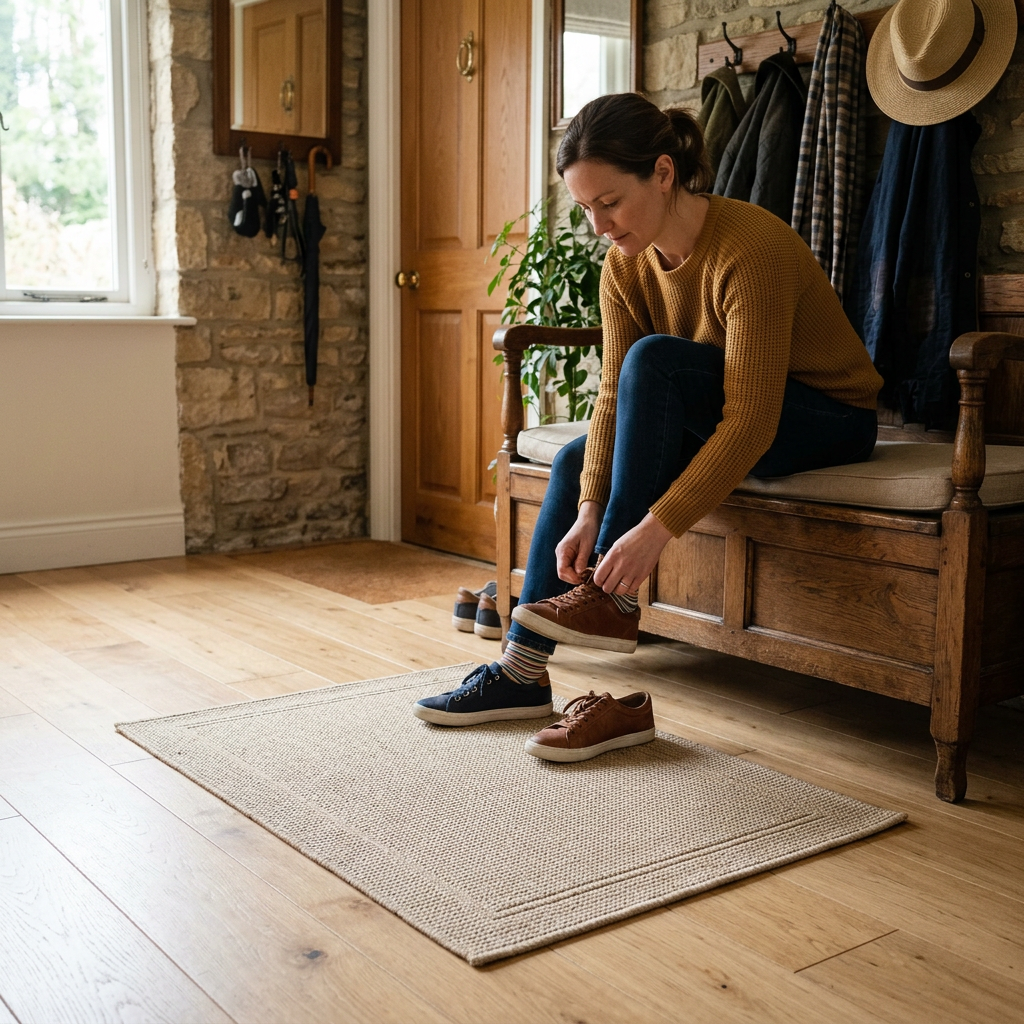 An adult sitting beside a beige floor mat in an entryway