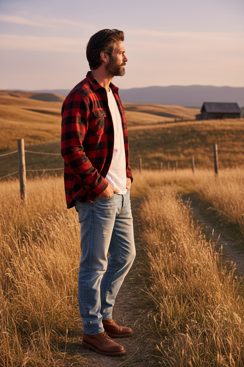 Plaid Flannel Casual Shirt lifestyle side view