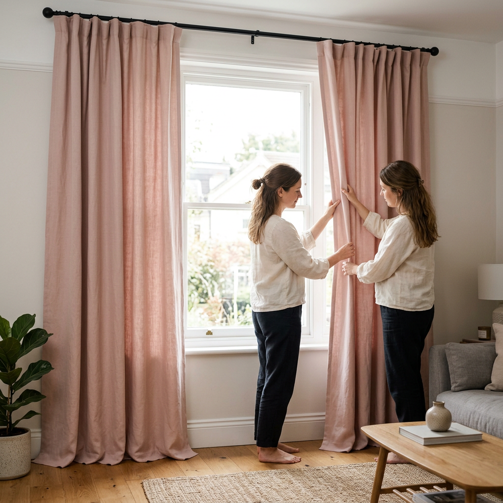 An adult arranging pink curtains by a window