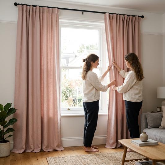 An adult arranging pink curtains by a window