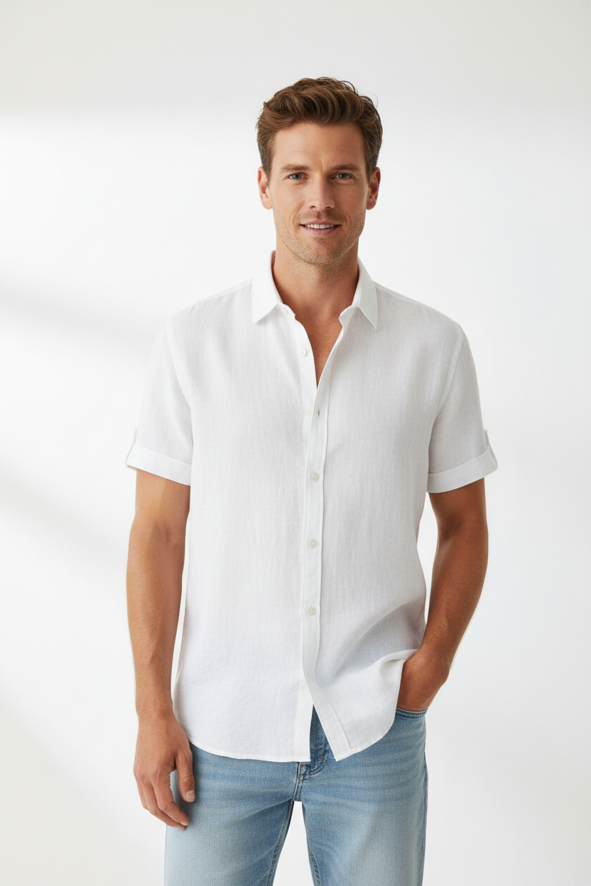 Linen Short Sleeve Shirt front view on model