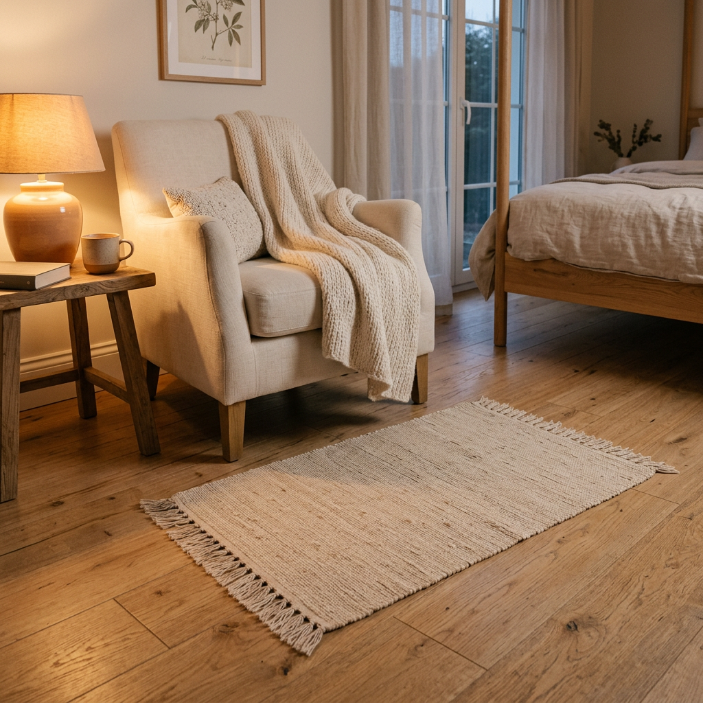 Beige floor mat in a cozy room with warm lighting