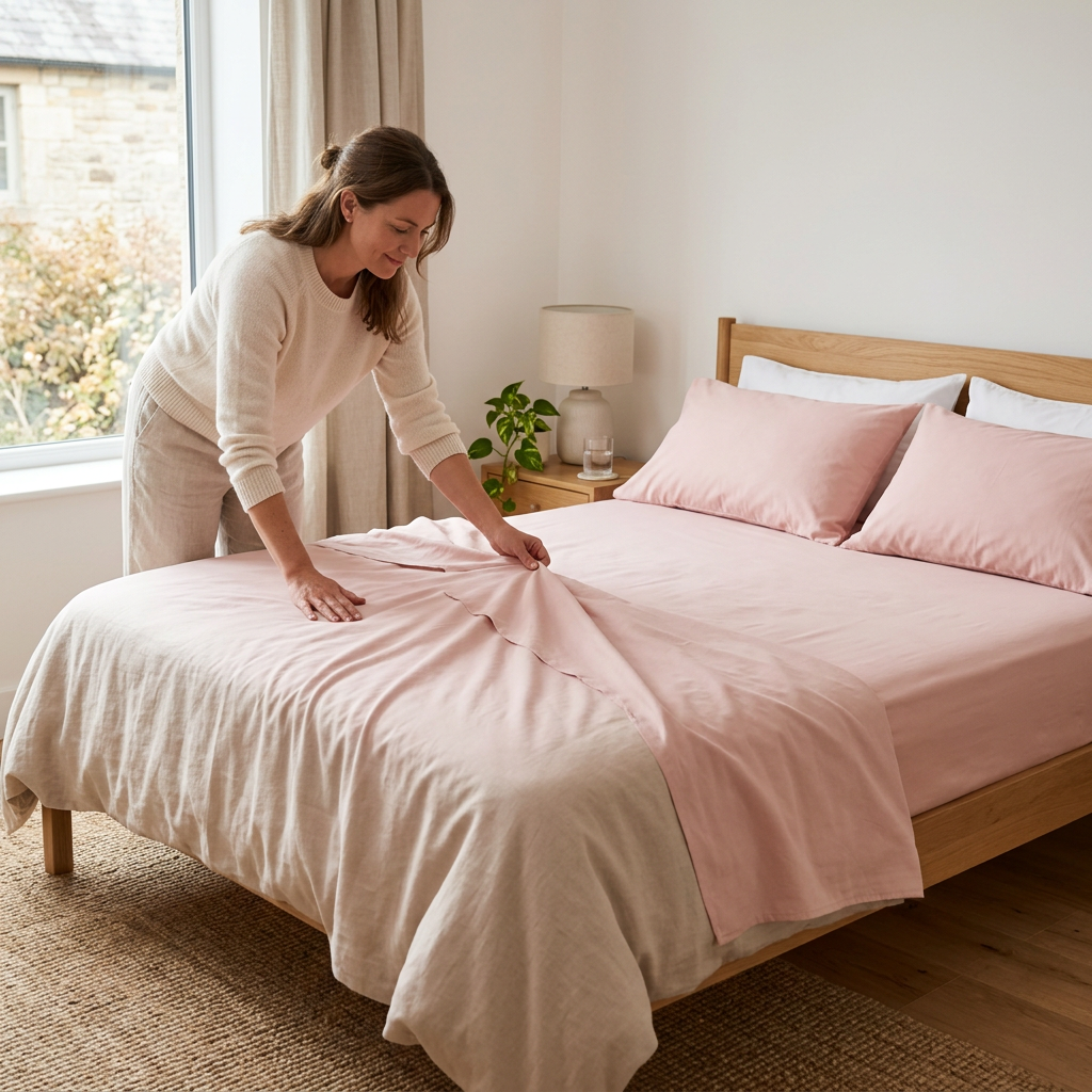 An adult arranging a pink bed sheet in a bedroom