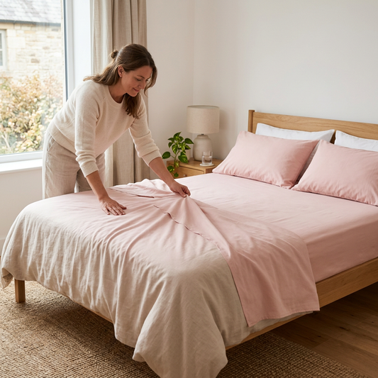 An adult arranging a pink bed sheet in a bedroom