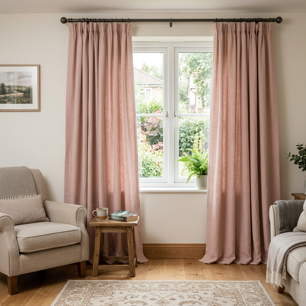 Pink curtains in an everyday living room with natural daylight