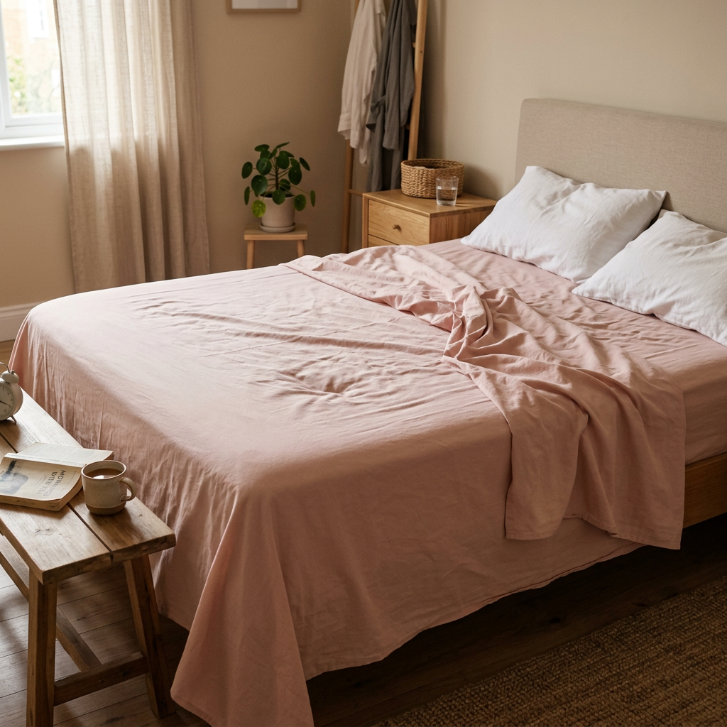 Pink bed sheet in an everyday bedroom with natural morning light