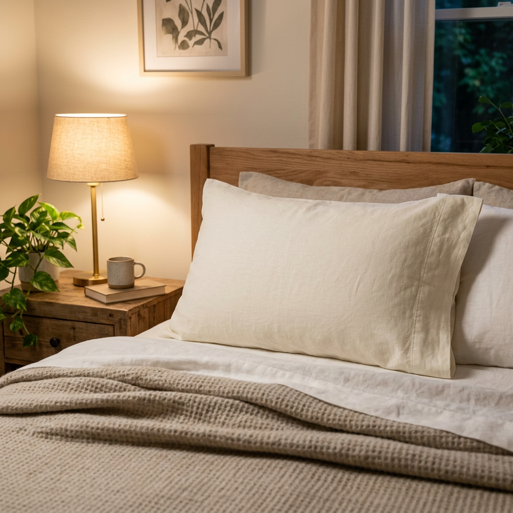 Ivory pillowcase in a warmly lit cozy bedroom