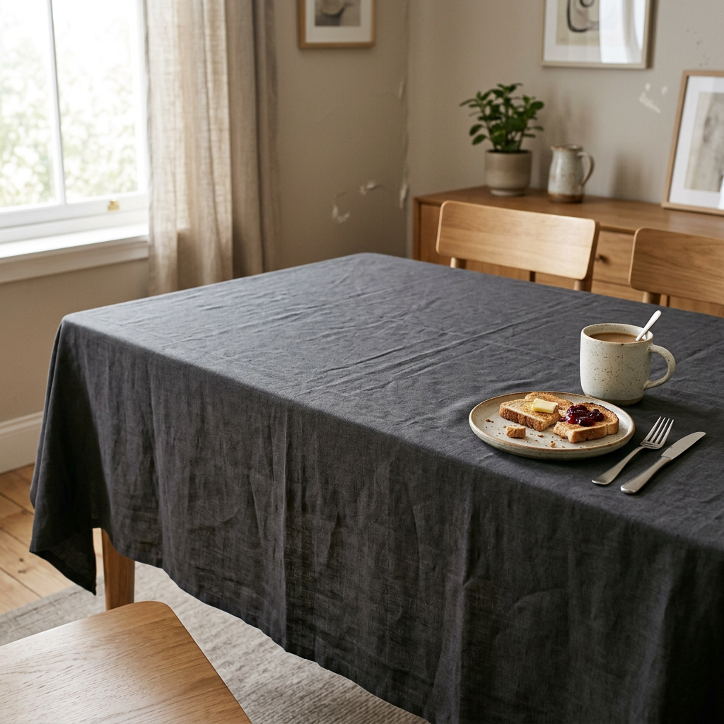 Dark charcoal tablecloth in an everyday breakfast setting