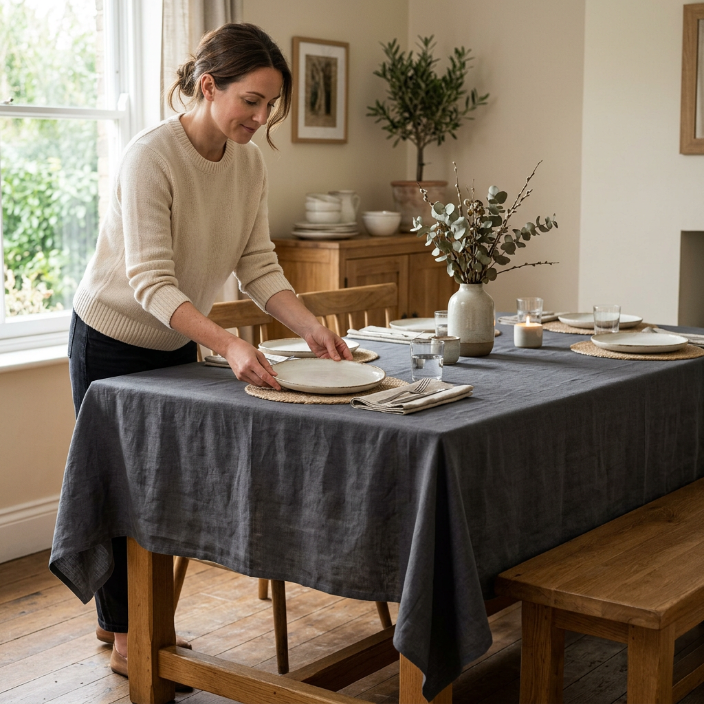 An adult setting a dining table with a dark charcoal tablecloth