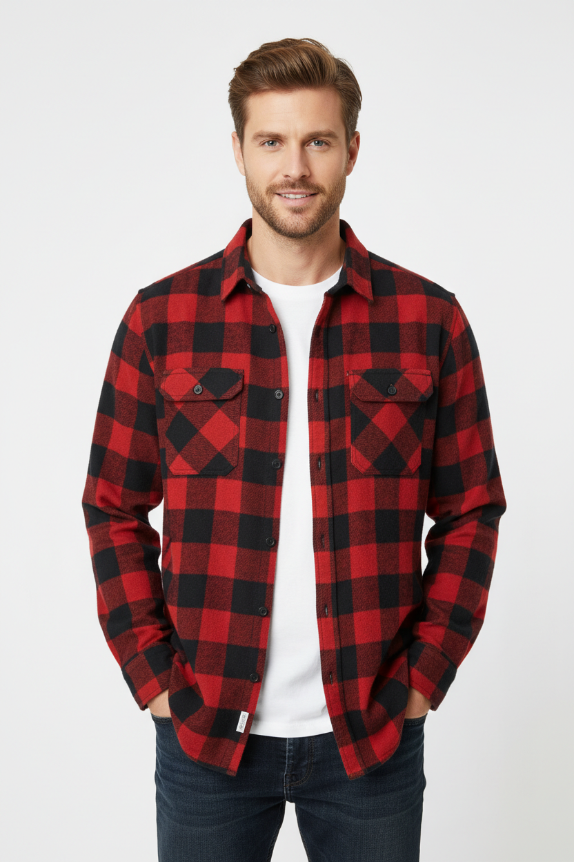 Plaid Flannel Casual Shirt front view on model