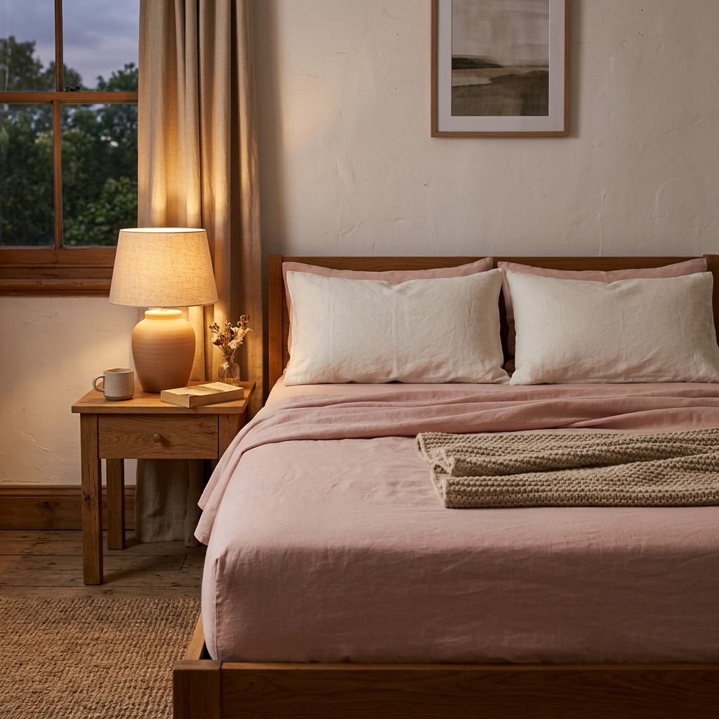 Pink bed sheet in a cozy bedroom with warm evening lighting