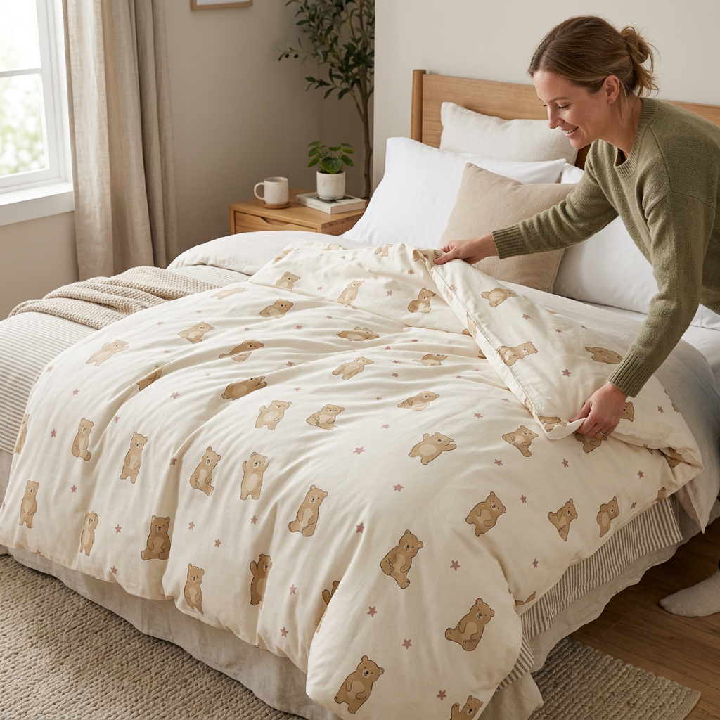 An adult arranging a cartoon duvet cover on a bed