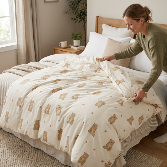 An adult arranging a cartoon duvet cover on a bed