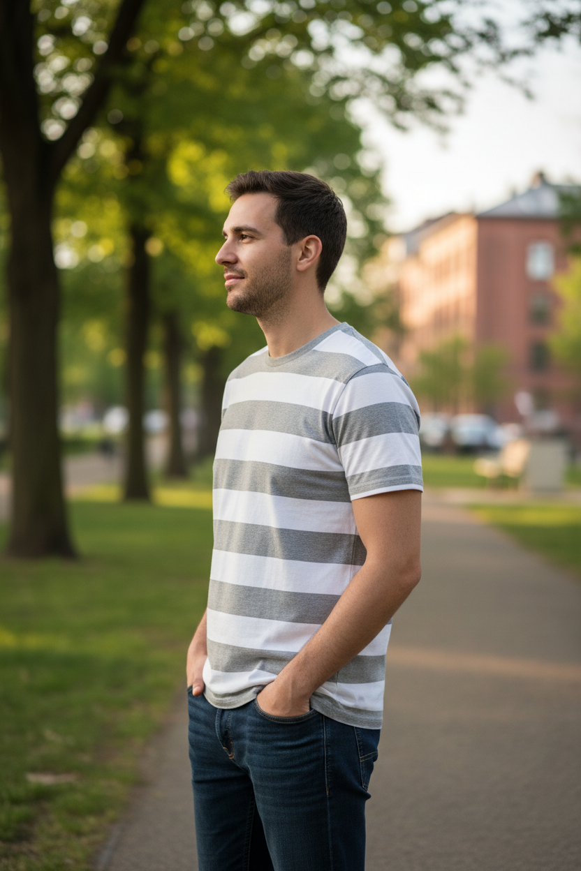 Grey Stripe Tee lifestyle side view