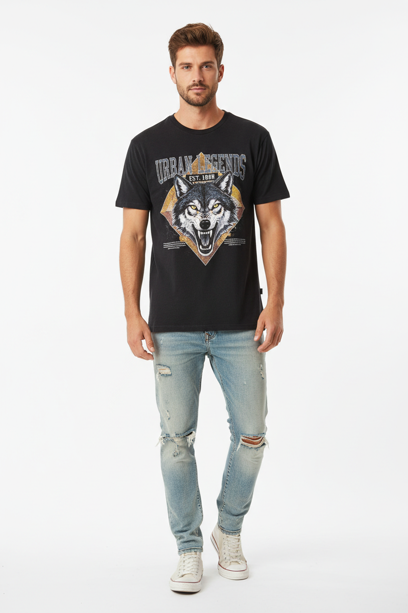 Black Graphic Print Tee front view on model