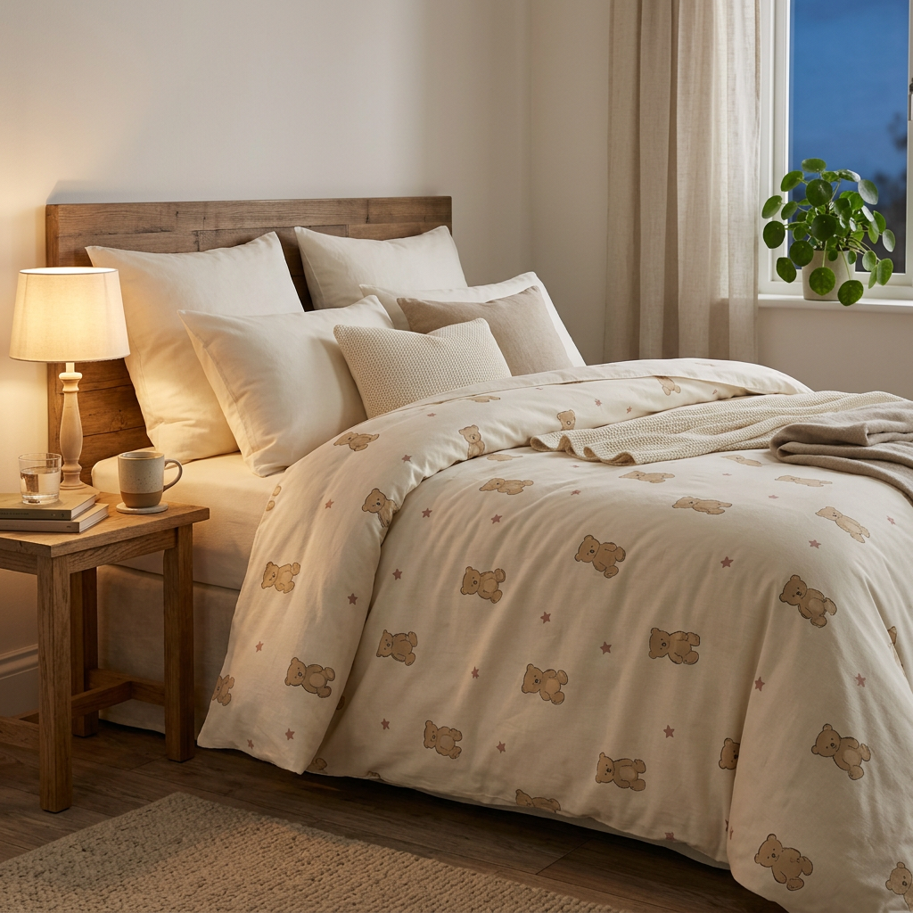 Cartoon duvet cover in a cozy warmly lit bedroom