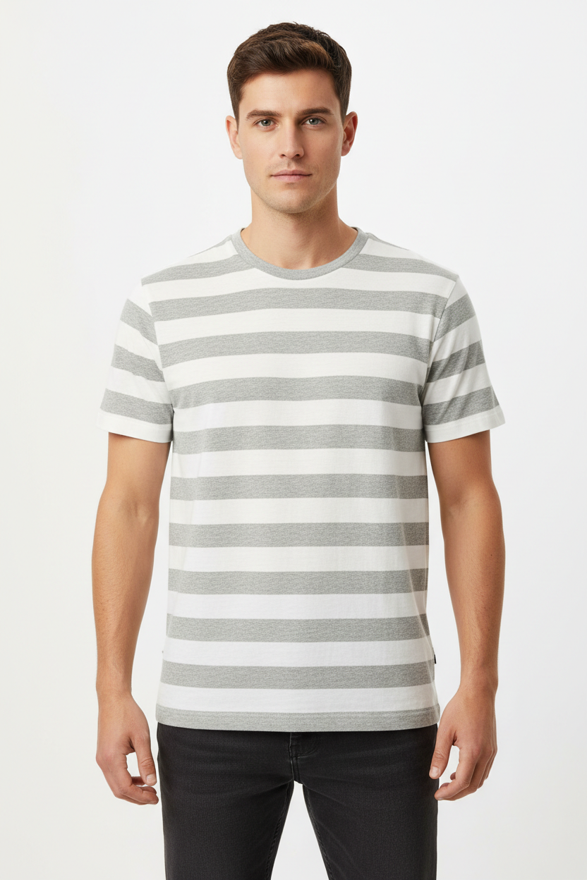 Grey Stripe Tee front view on model
