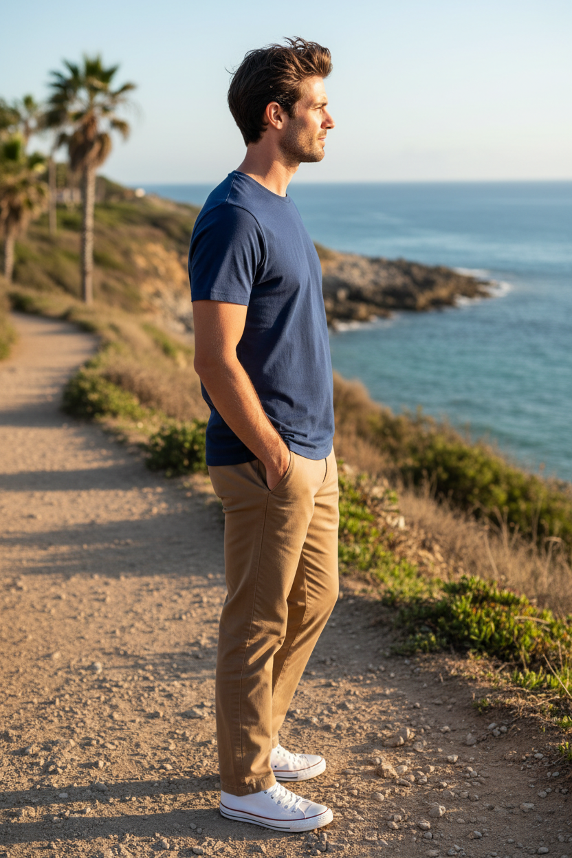 Classic Navy Crew Neck Tee lifestyle side view