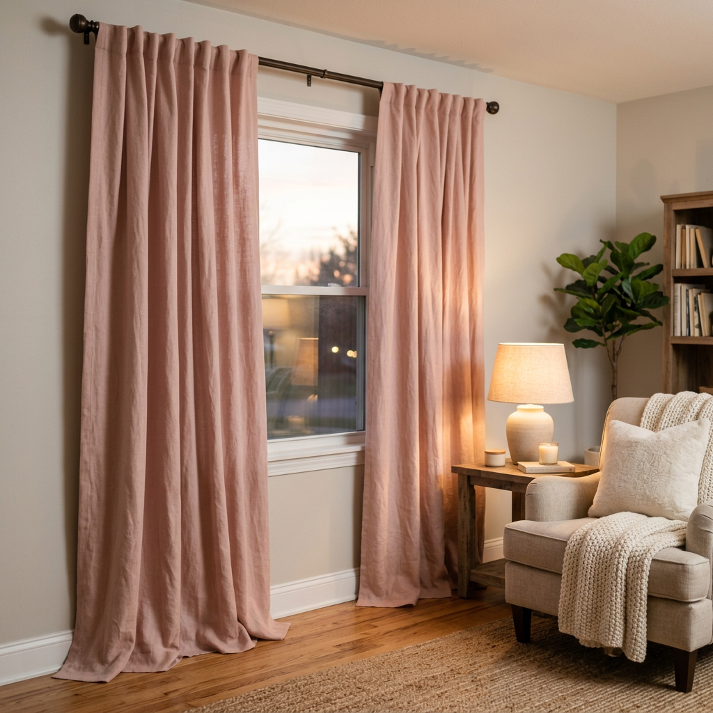 Pink curtains in a cozy living room with warm lighting